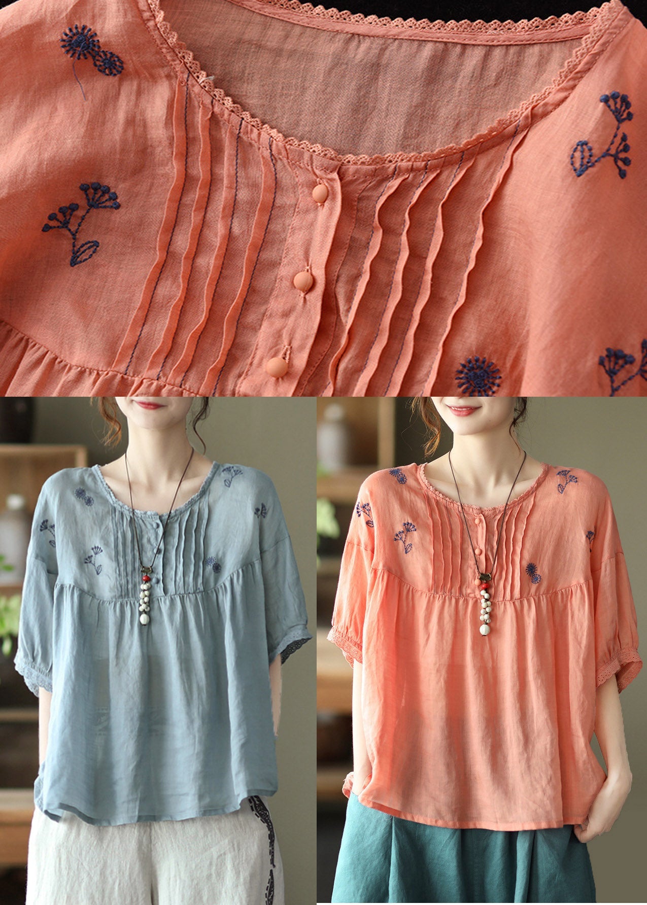 Vintage Orange O-Neck Embroideried Linen Tops Half Sleeve