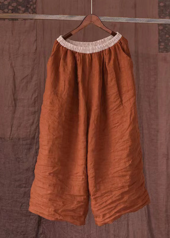 Vintage Orange Pockets Elastic Waist Linen Pants Summer