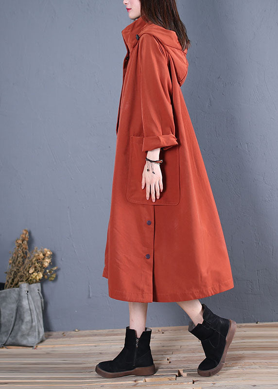 Vintage Rust Hooded Pockets thick Cotton trench coats Spring