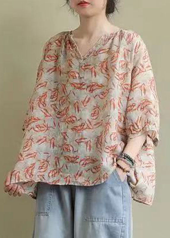 Vintage V Neck Print Loose Fall Shirt Half Sleeve