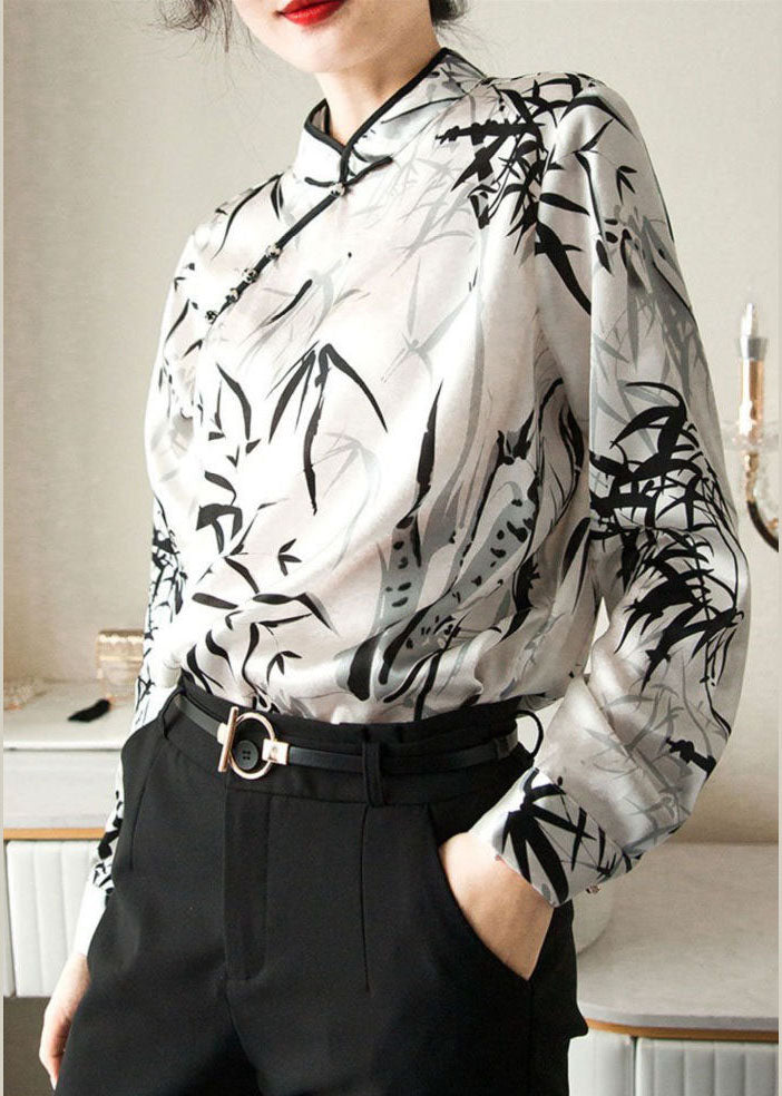 Vintage White Mandarin Collar Print Chiffon Shirt Top Spring