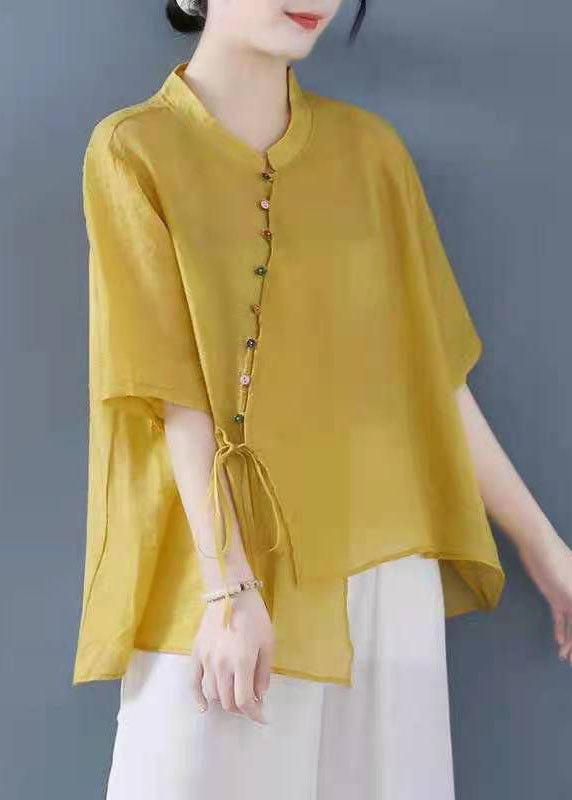 Vintage Yellow Solid Stand Collar Asymmetrical Design Shirt Top Half Sleeve