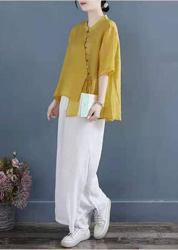 Vintage Yellow Solid Stand Collar Asymmetrical Design Shirt Top Half Sleeve