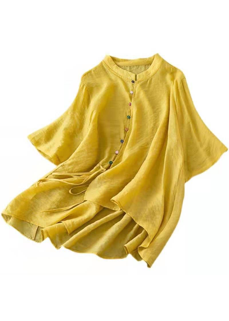 Vintage Yellow Solid Stand Collar Asymmetrical Design Shirt Top Half Sleeve