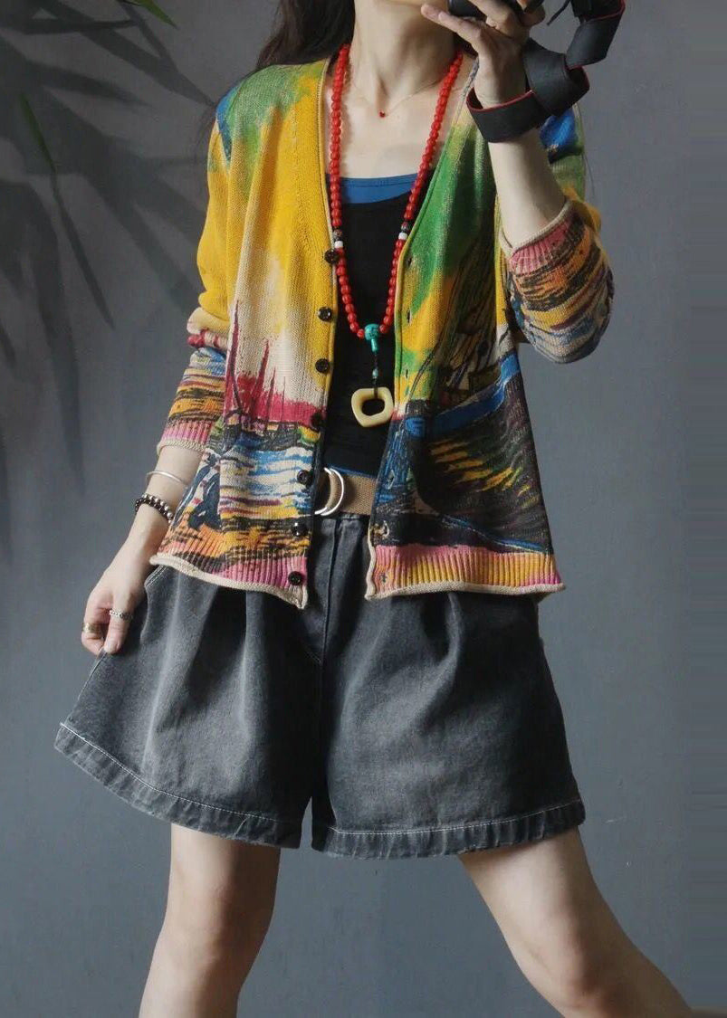 Vintage Yellow V Neck Print Knit Loose Cardigan Spring