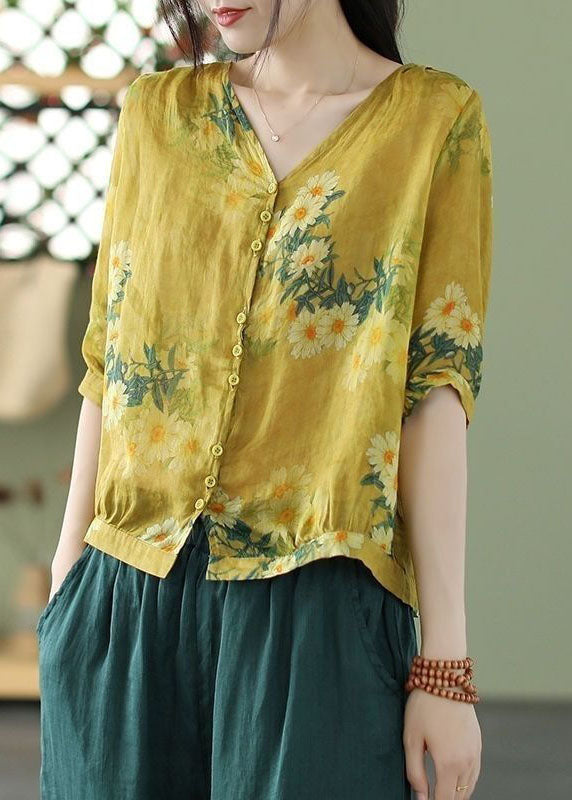 Vintage Yellow V Neck Print Linen Shirt Tops Half Sleeve