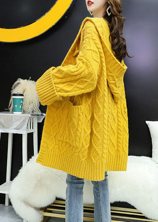 Vintage Yellow hooded Pockets Loose Fall Knit Sweater Coat