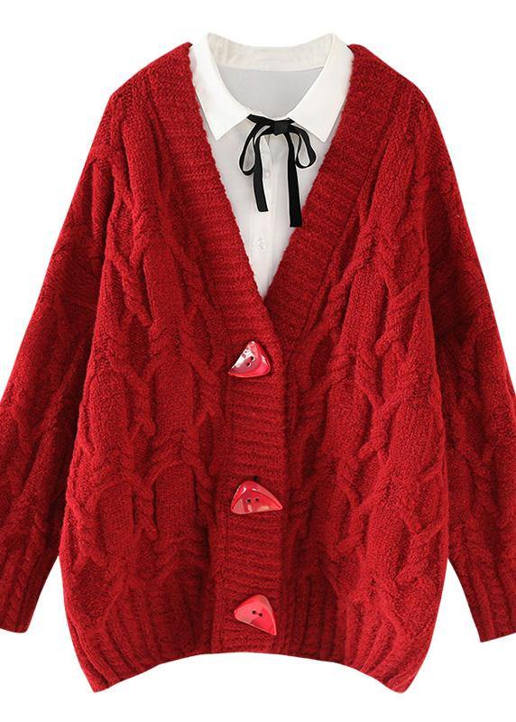 Vintage red knitted outwear casual spring v neck Button knit outwear