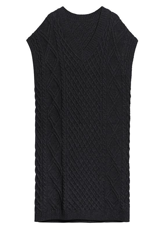 Vintage v neck sleeveless Sweater spring dress outfit Design black tunic knitted dress