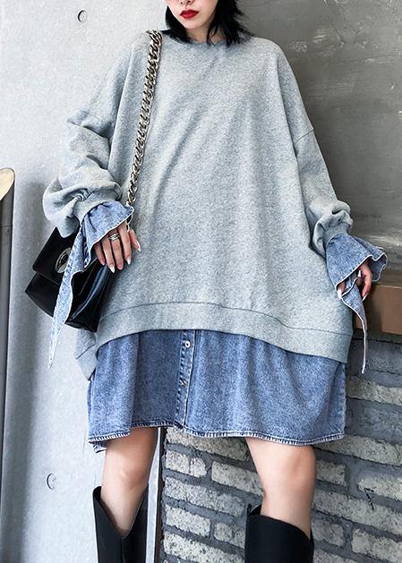 Vivid gray Cotton dress patchwork false two pieces Art Dress