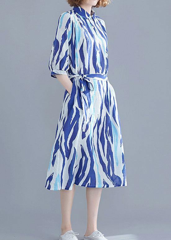 Vivid lapel half sleeve Chiffon dresses Runway blue striped Dress