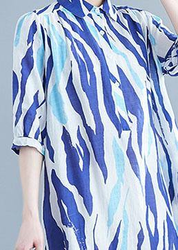 Vivid lapel half sleeve Chiffon dresses Runway blue striped Dress