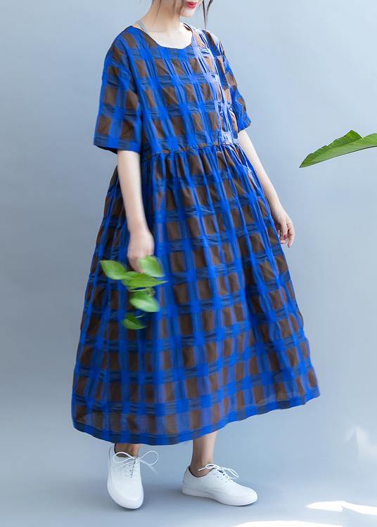 Vivid o neck summer quilting clothes Wardrobes blue plaid loose Dresses