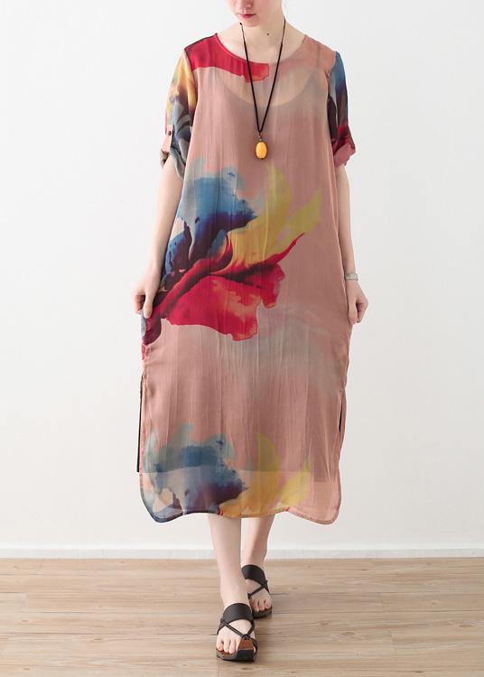 Vivid pink prints chiffon clothes side open summer Dresses