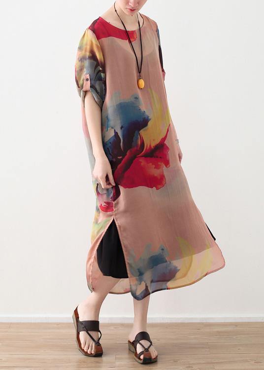 Vivid pink prints chiffon clothes side open summer Dresses