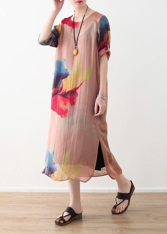 Vivid pink prints chiffon clothes side open summer Dresses