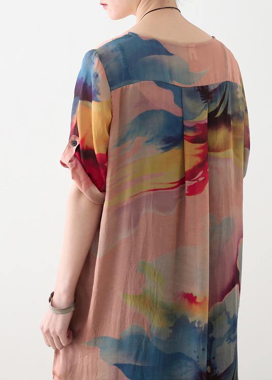 Vivid pink prints chiffon clothes side open summer Dresses