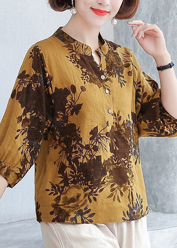 Vogue Yellow V Neck Print Button Shirt Half Sleeve