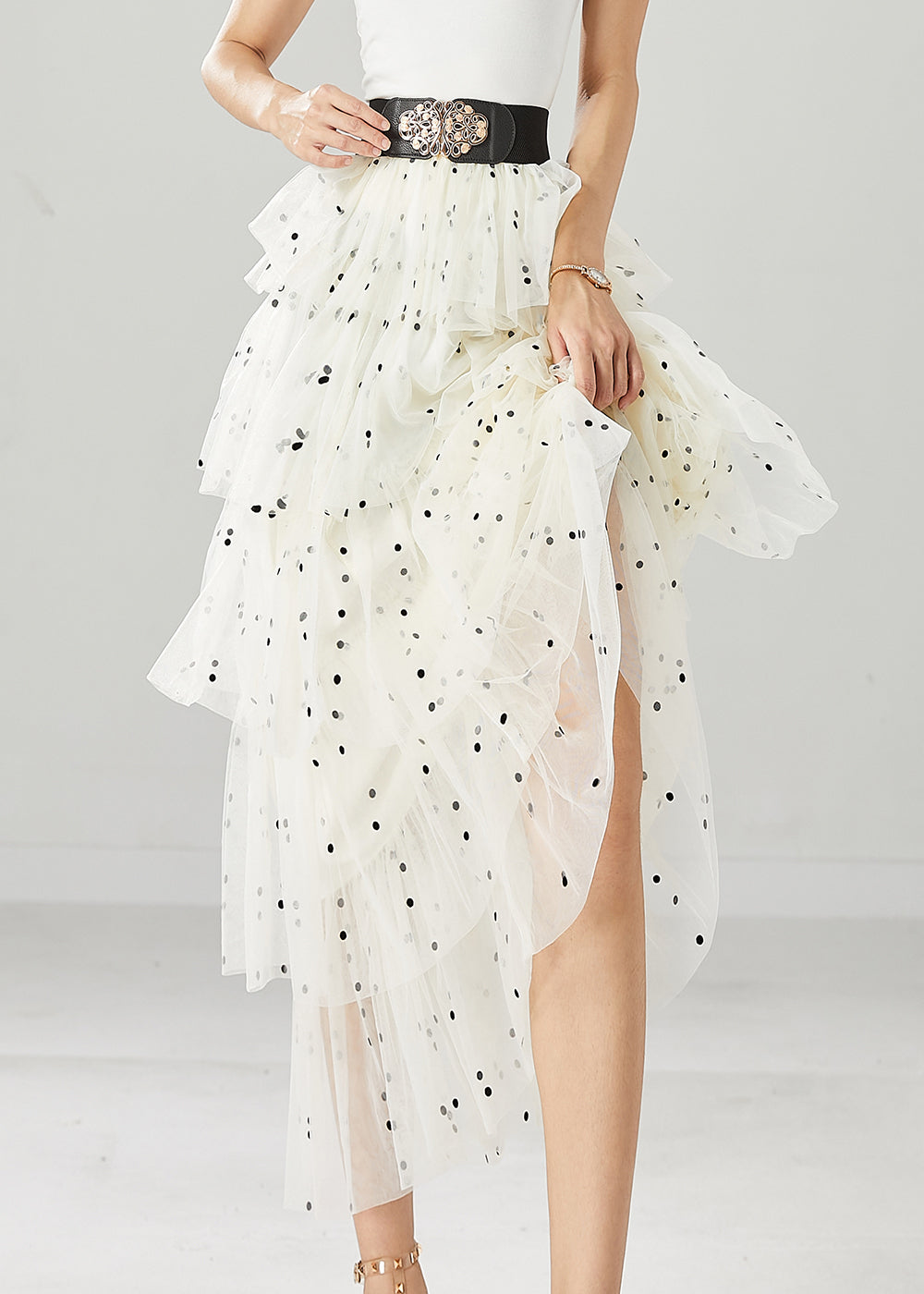 White Dot Print Layered Tulle Beach Skirts Fall