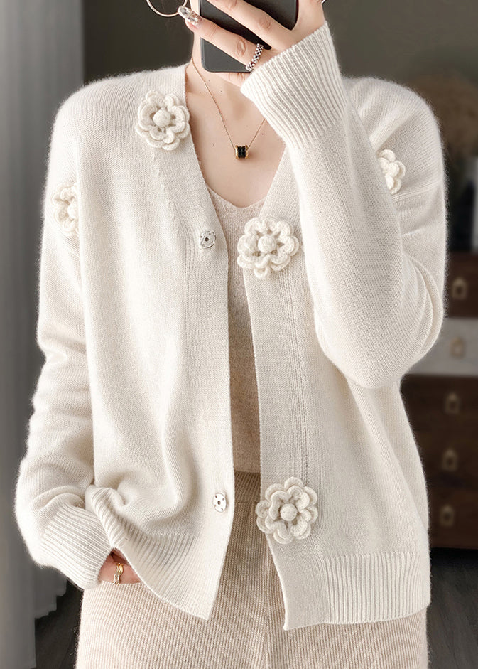 White Floral Embroidery Short Cashmere Knit Cardigan V Neck Spring