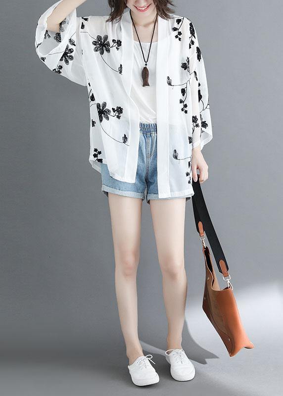 White Loose Embroideried Summer Cardigan Long Sleeve