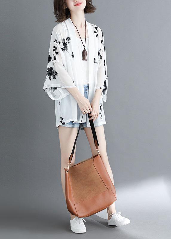 White Loose Embroideried Summer Cardigan Long Sleeve