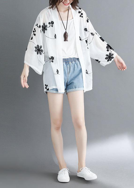 White Loose Embroideried Summer Cardigan Long Sleeve