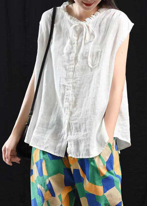 White O-Neck Button Pockets Top Short Sleeve