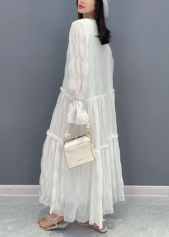 White Patchwork Chiffon Long Dress Ruffled Lace Up Summer