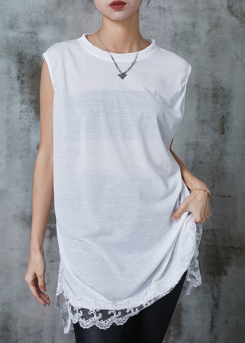 White Patchwork Lace Cotton Tank Tops Oversized Summer