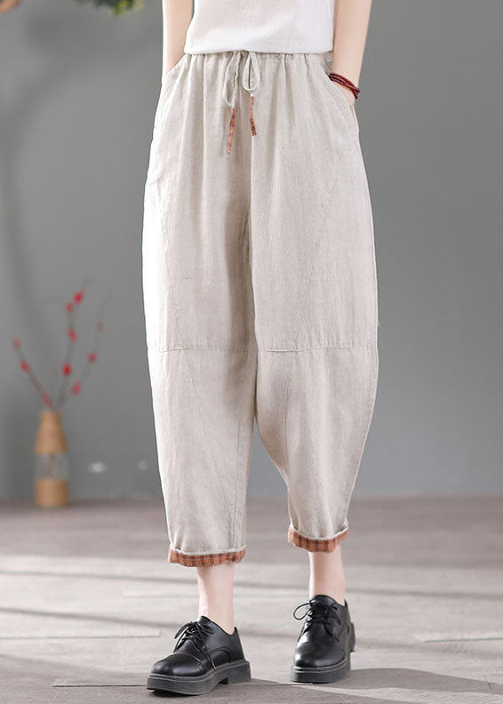 White Patchwork Linen Harem Pants Elastic Waist Drawstring Fall