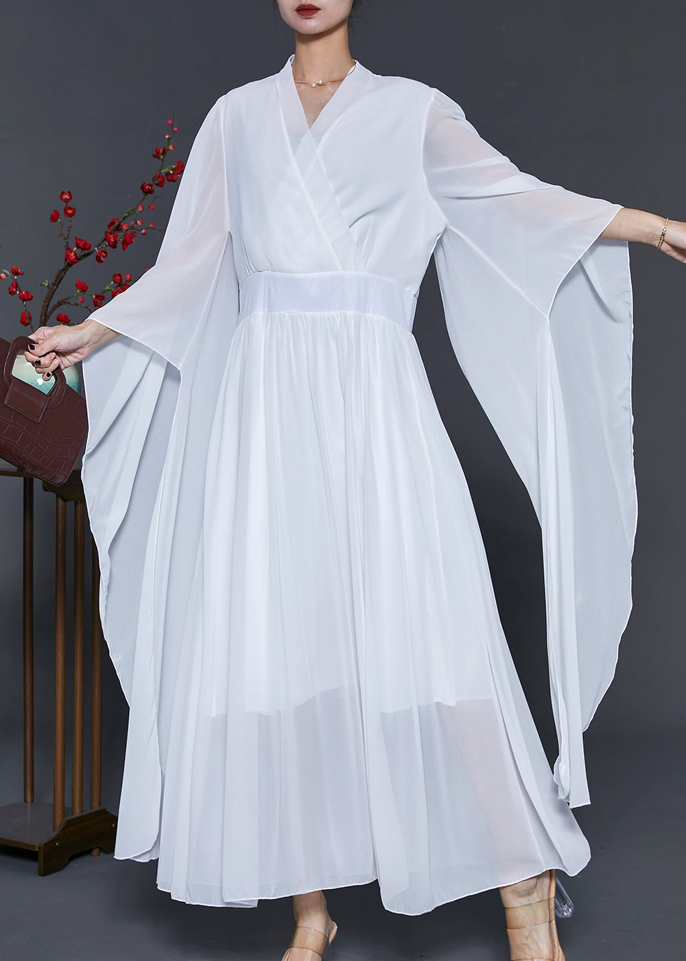 White Silm Fit Chiffon Dance Dress Flare Sleeve