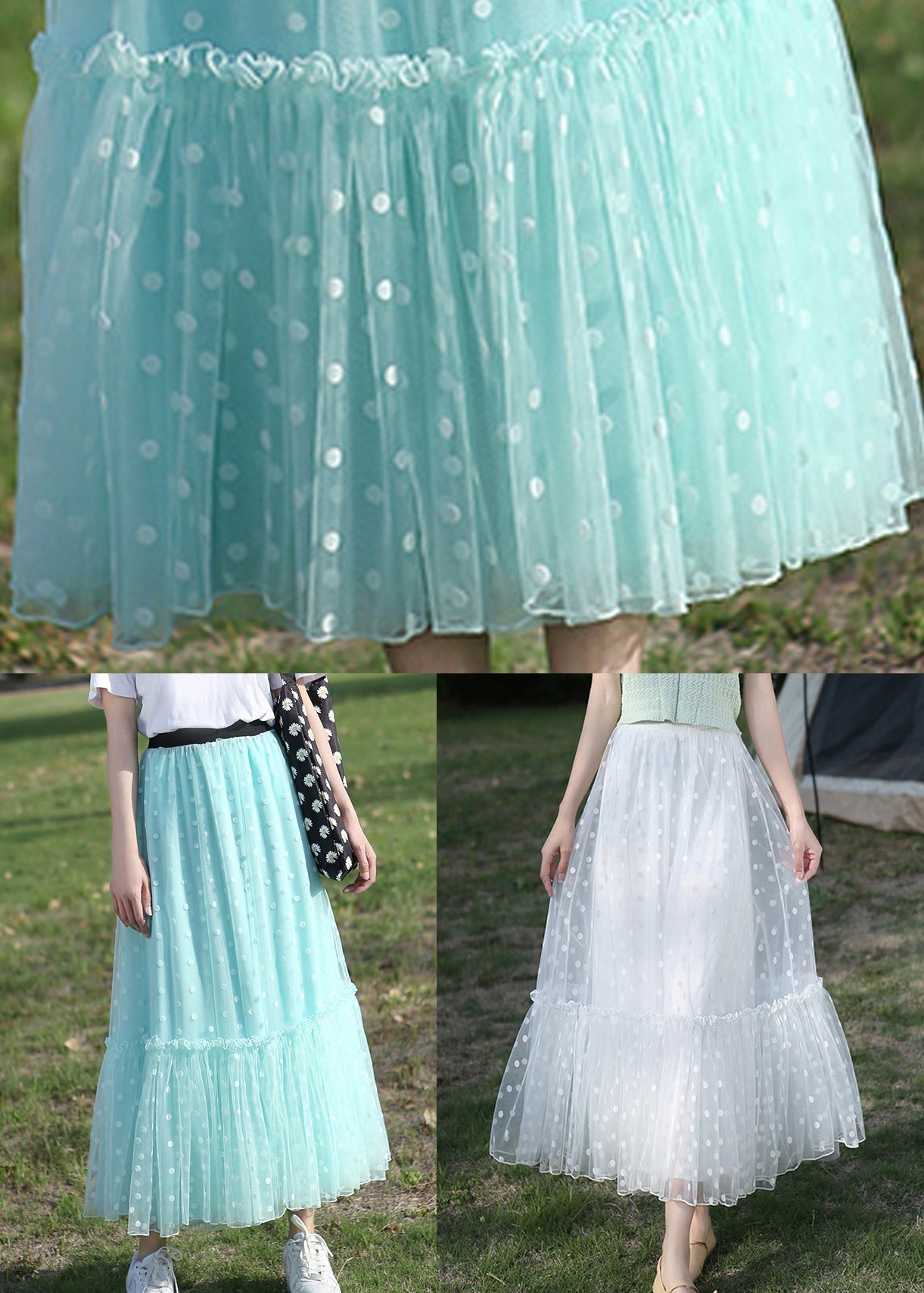 White Solid Dot Tulle Summer Skirts High Waist