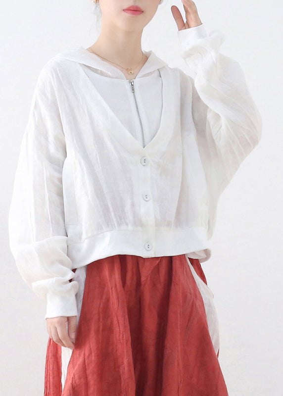 White Solid Linen Fake Two Piece Coats Zip Up Batwing Sleeve