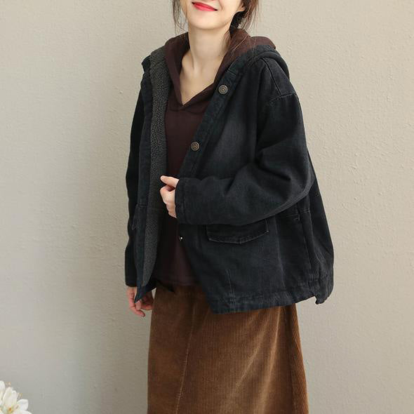 Winter Black Hoodie Short Casual Denim Coat Women Loose Jacket