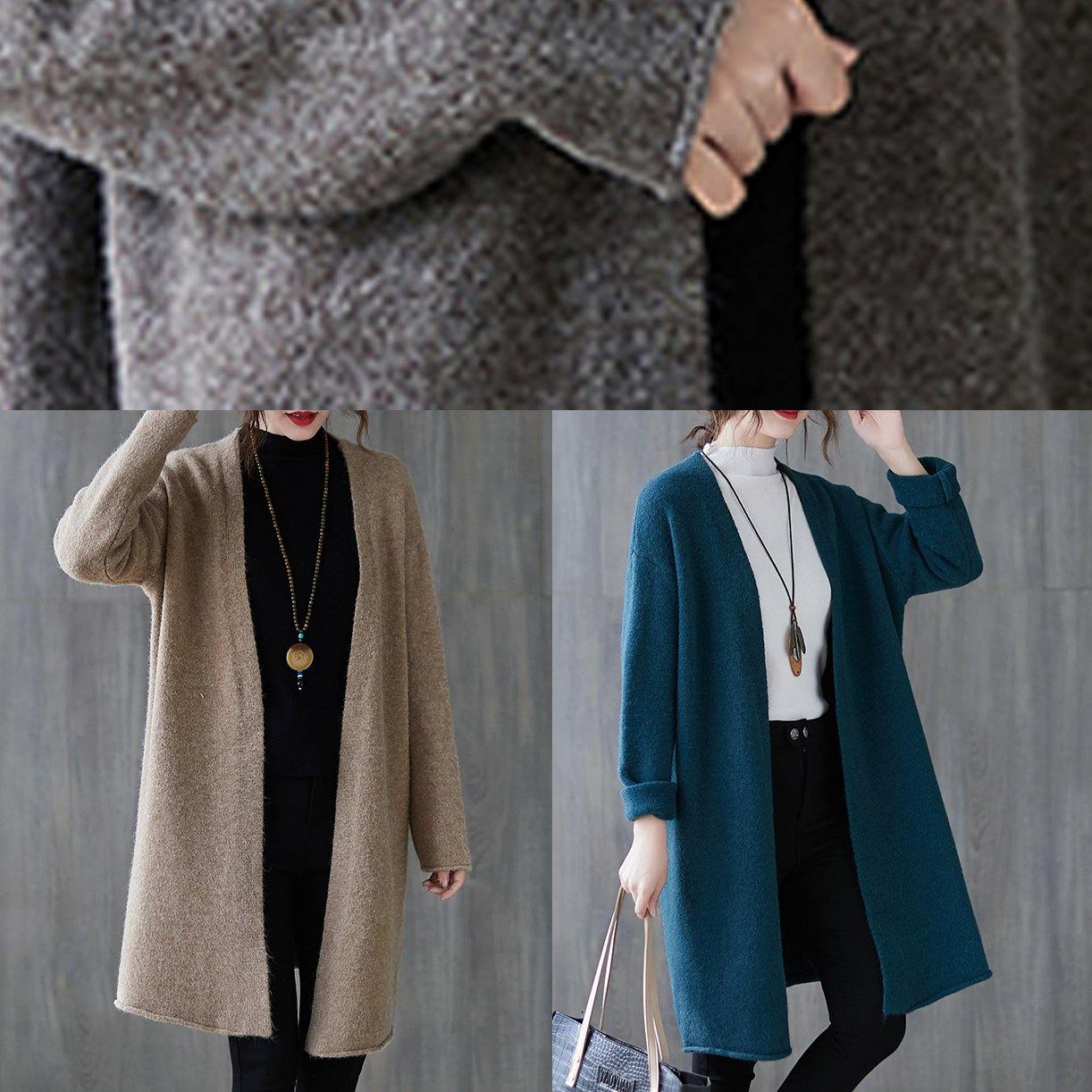 Winter blue knitted outwear plus size clothing fall v neck knitted coat