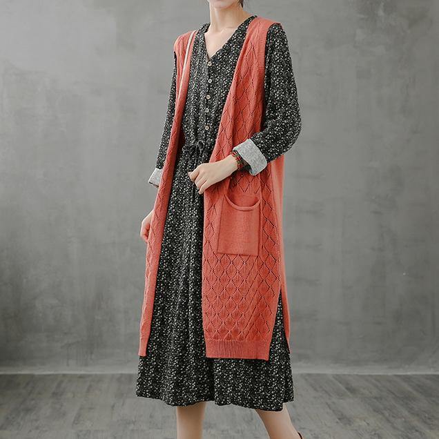 Winter knitted coat plus size orange v neck sleeveless long coats