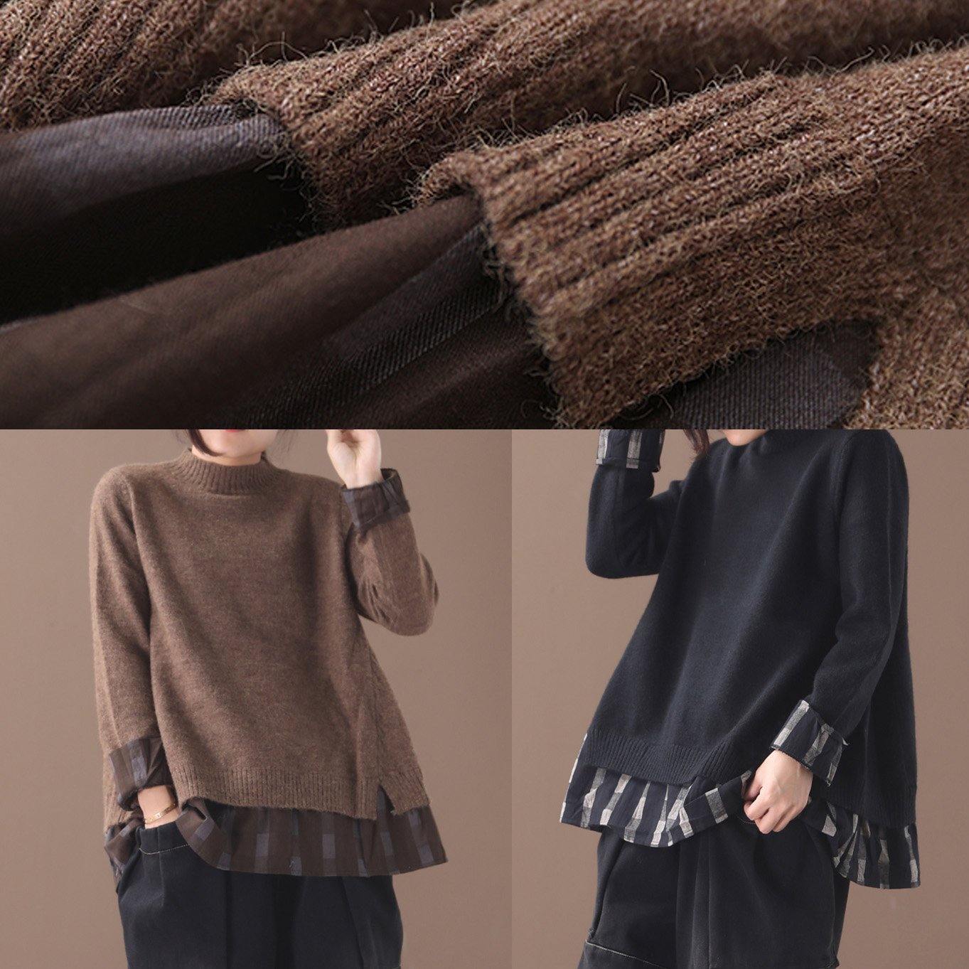 Winter o neck chocolate knitwear trendy plus size false two pieces knitted t shirt