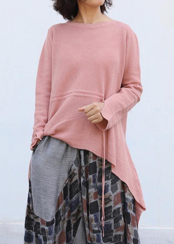 Winter o neck pink knitted blouse plus size clothing drawstring asymmetric top