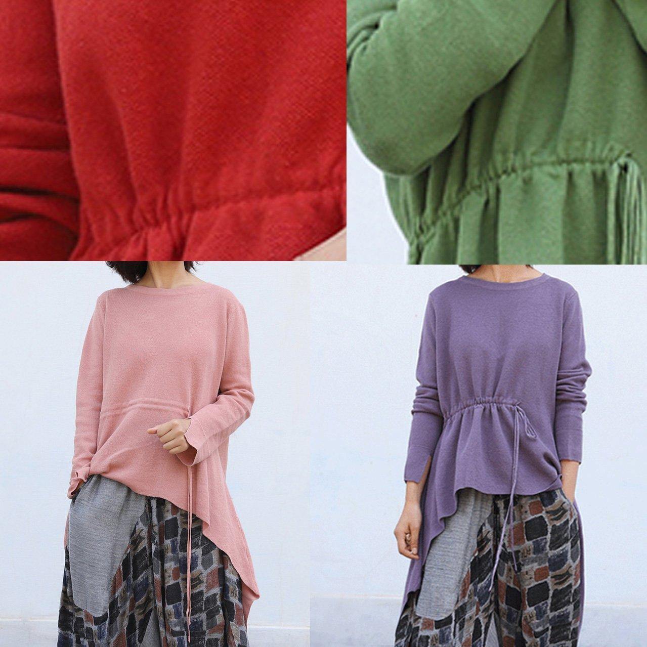 Winter o neck pink knitted blouse plus size clothing drawstring asymmetric top