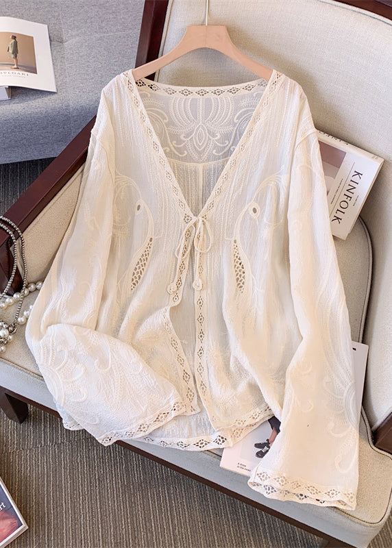 Women Apricot V Neck Hollow Out Embroidered Lace Cardigans Spring