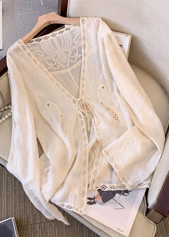 Women Apricot V Neck Hollow Out Embroidered Lace Cardigans Spring