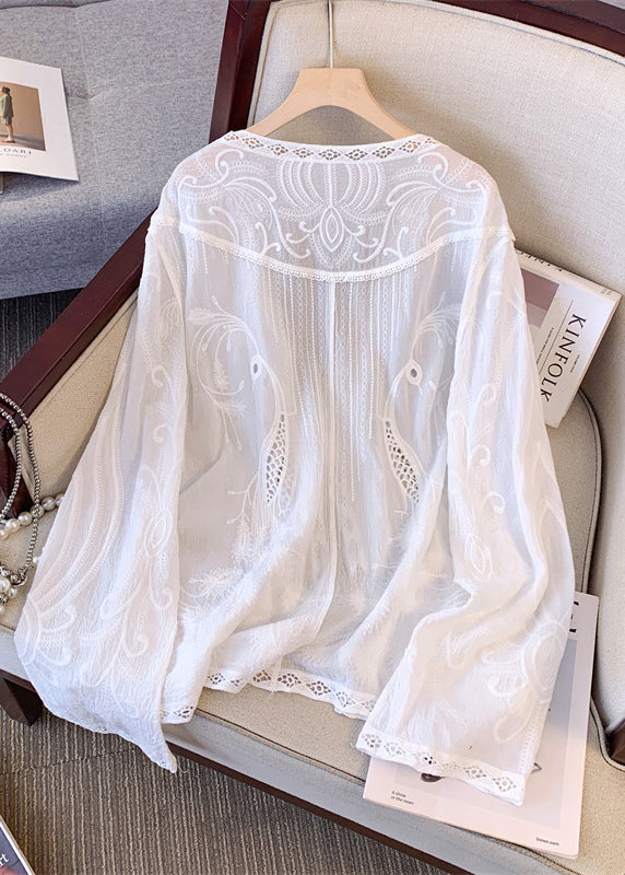 Women Apricot V Neck Hollow Out Embroidered Lace Cardigans Spring