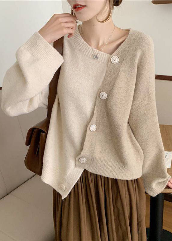 Women Beige Asymmetrical Button Knit Knit Winter sweaters