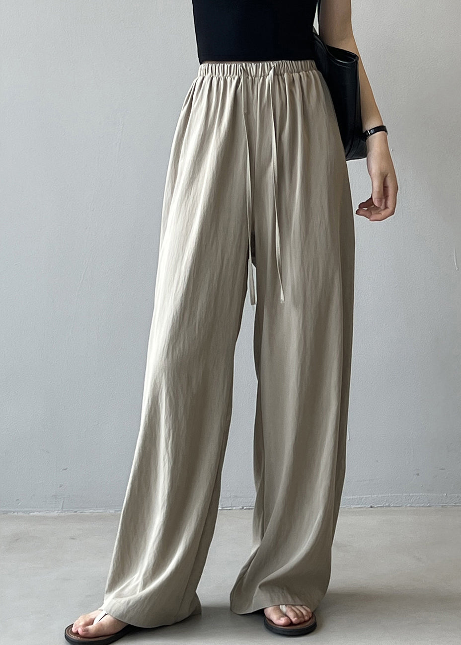 Women Beige Drawstring Draping Cotton Straight Pants Fall