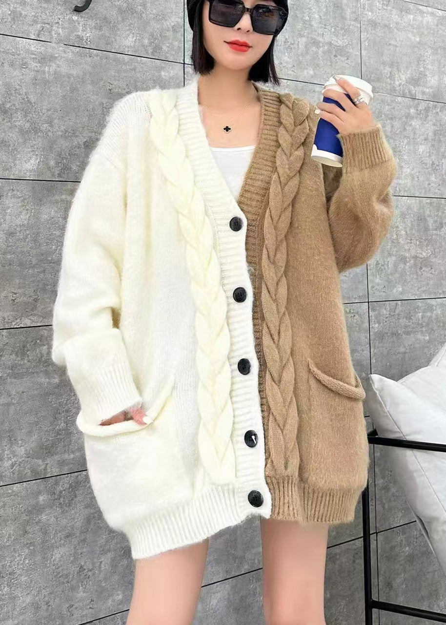 Women Beige V Neck Pockets Button Patchwork Knit Cardigan Spring