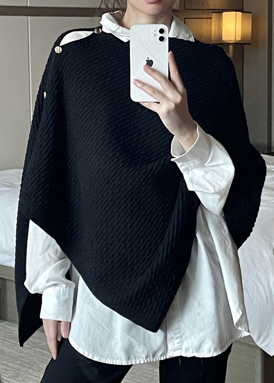 Women Black Button Hollow Out Knit Cape Coats Spring