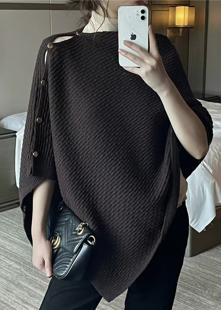 Women Black Button Hollow Out Knit Cape Coats Spring