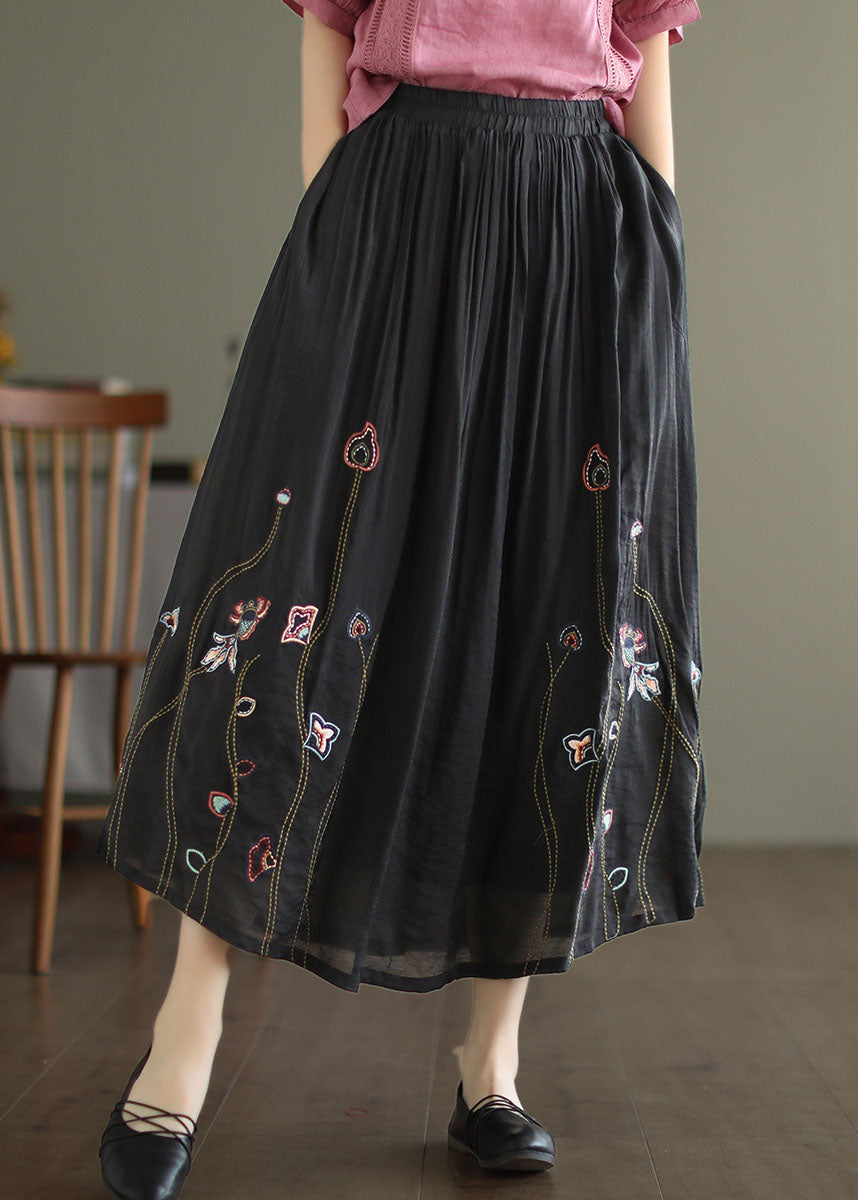 Women Black Elastic Waist Embroideried Linen Silk Skirt Spring