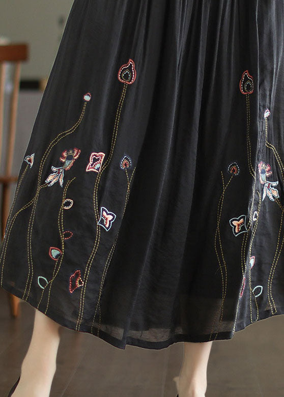 Women Black Elastic Waist Embroideried Linen Silk Skirt Spring